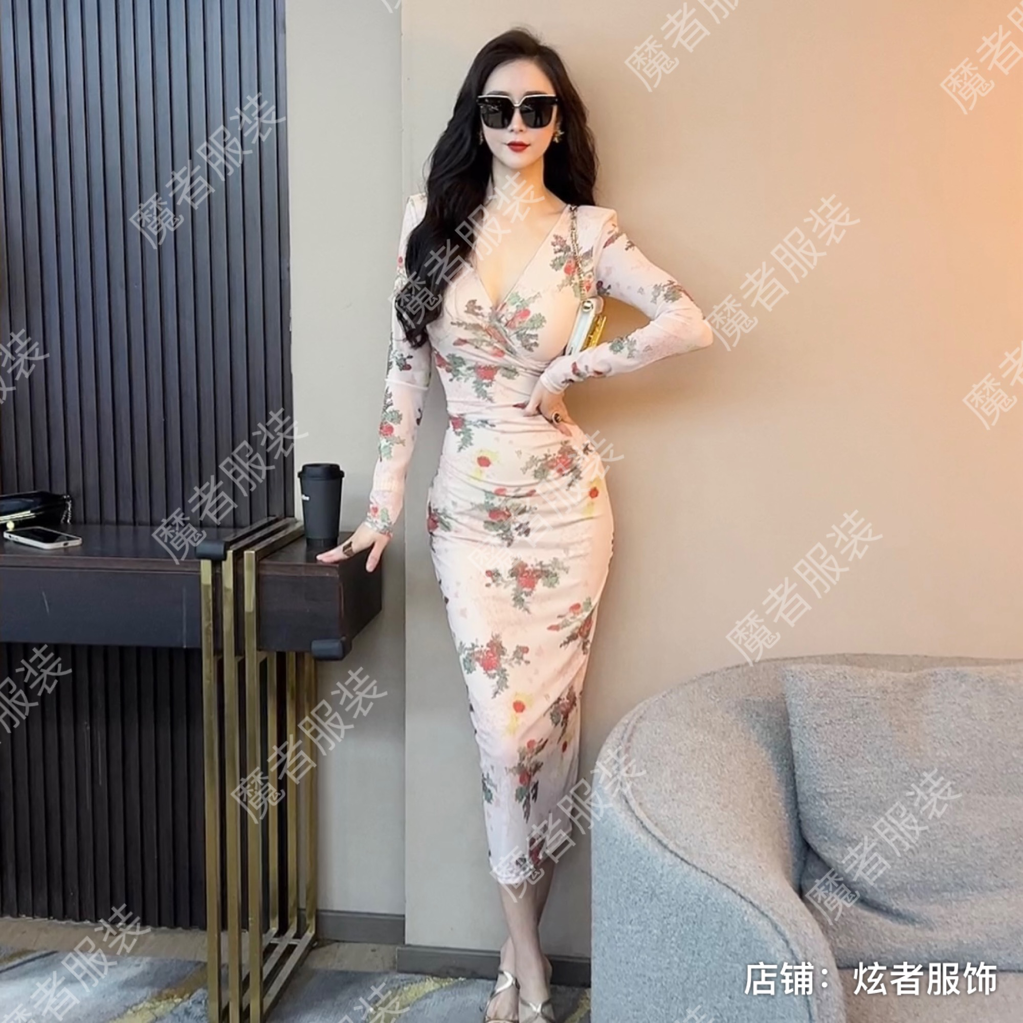 魔者家网纱款【红粉佳人】新款性感显瘦弹力长款连衣裙不定位花纹