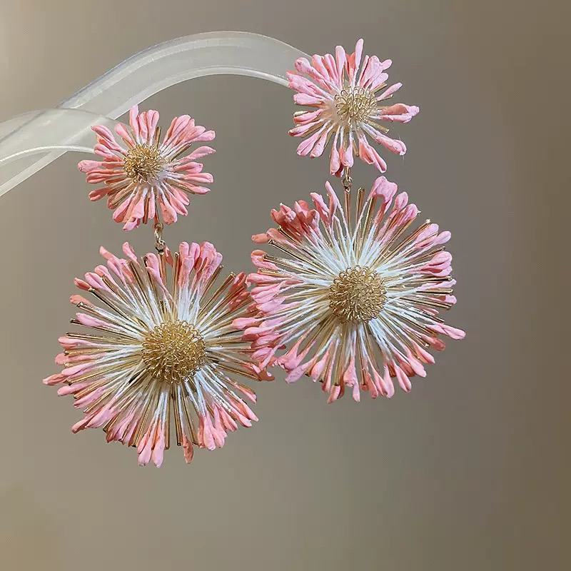 铜合金布艺耳饰 新款甜美拉菲草编织花朵耳环时尚大气度假风耳饰