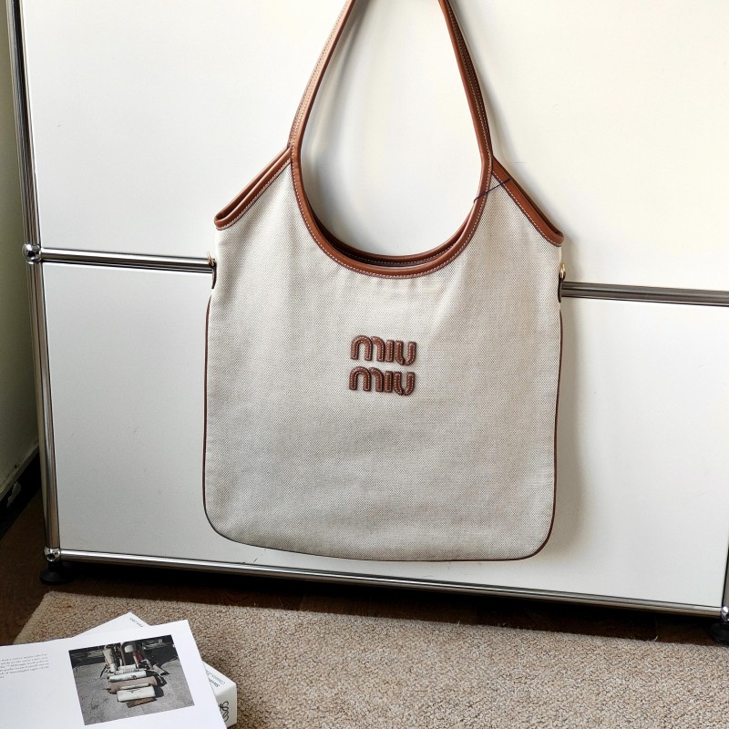 95新 MIU MIU/缪缪 Azul-米色帆布拼皮Ivy单肩包53591