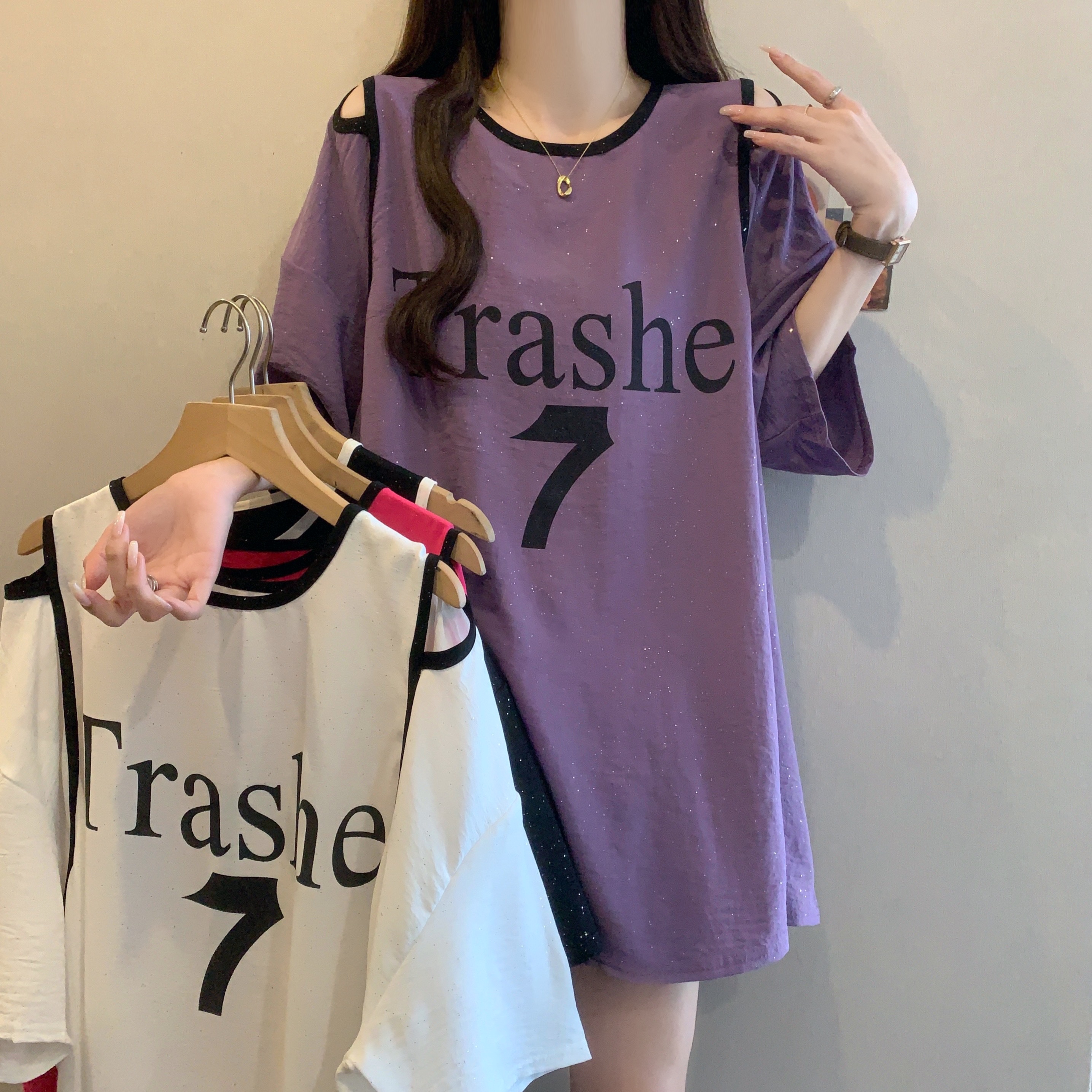 哺乳外出衣服上衣夏新款时尚大码慵懒风宽松中长款露肩喂奶衣T恤
