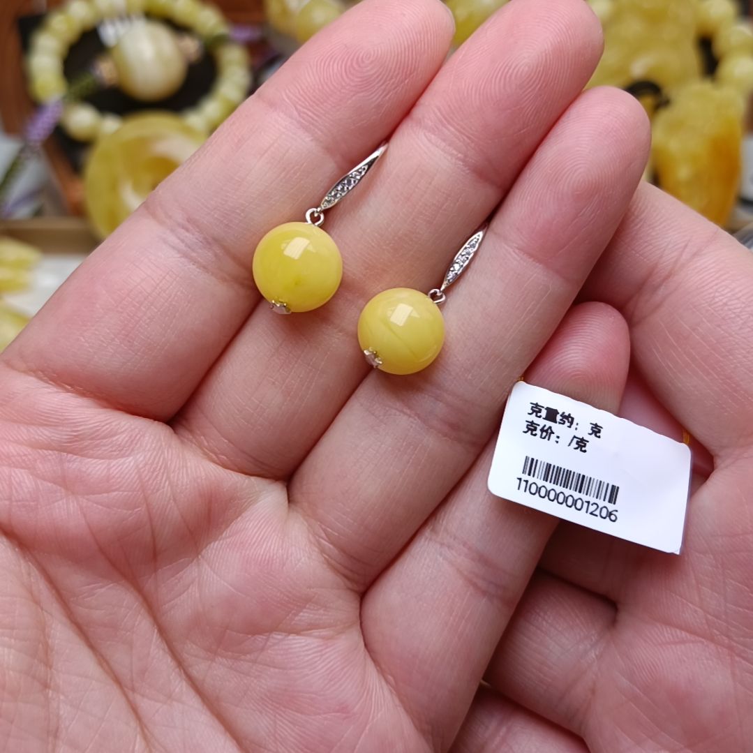 蜜蜡耳饰银S925镶嵌10圆珠耳钩