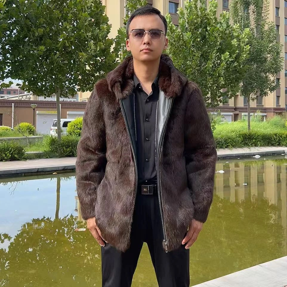 秋冬新款时尚男士外套银蓝连帽款皮毛一体冬季保暖大码