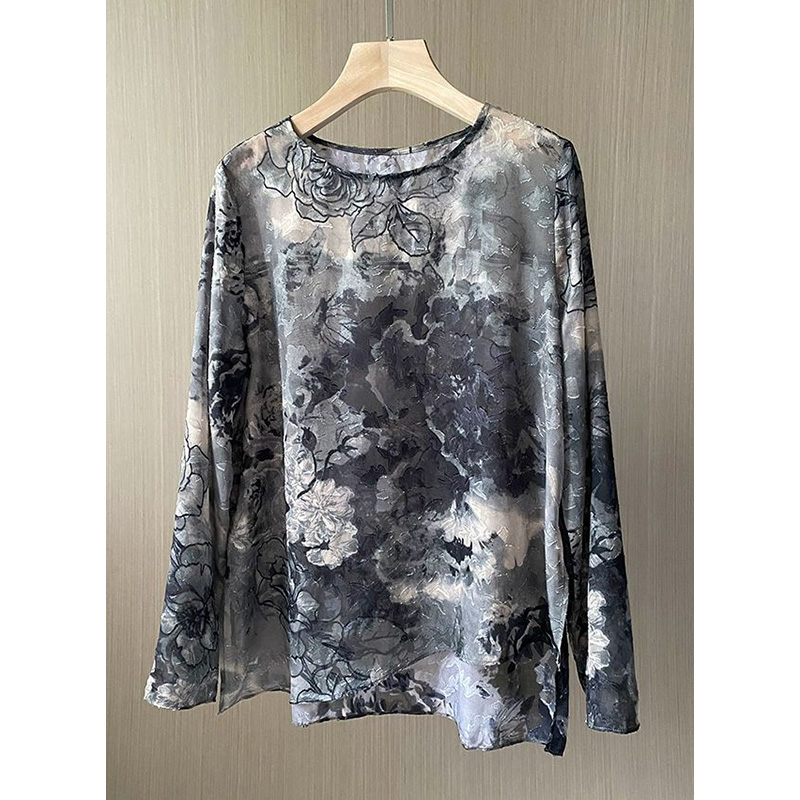 圆领抽象剪花中长衬衫气质百搭开叉防晒上衣 作乐7903-11