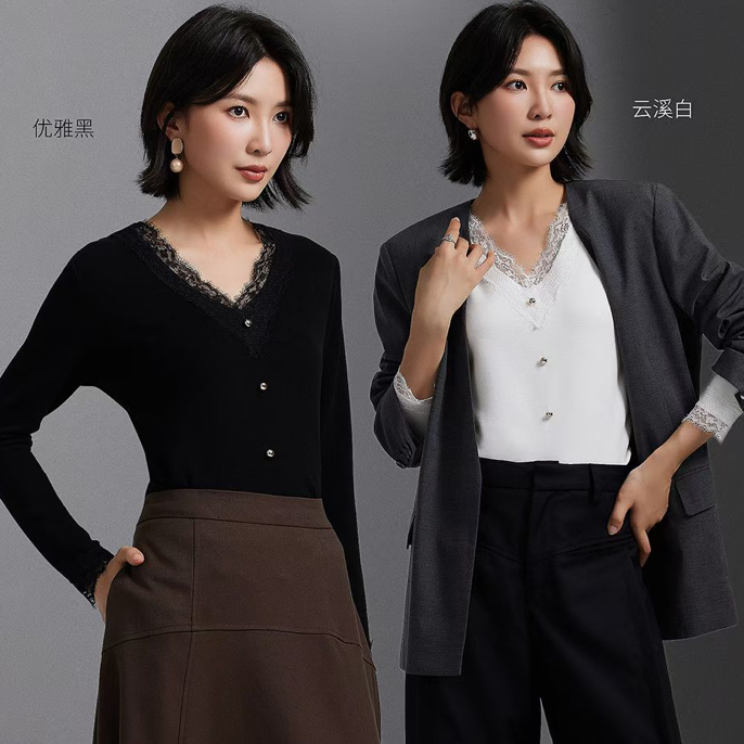 KONTA/庄泰7316蕾丝V领衫时尚打底衫优雅气质风小香风