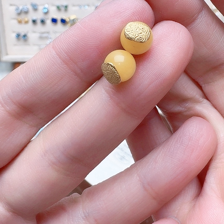 蜜蜡耳饰银S925镶嵌耳钉