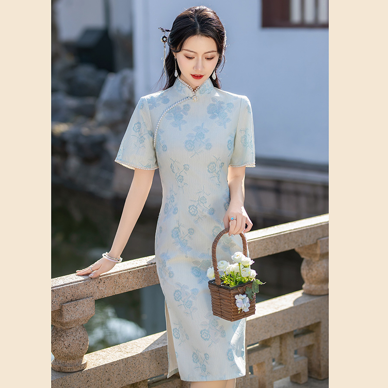 （1758）长裙喇叭袖滚边旗袍中国风印花提花绿色显瘦修身小个子日常