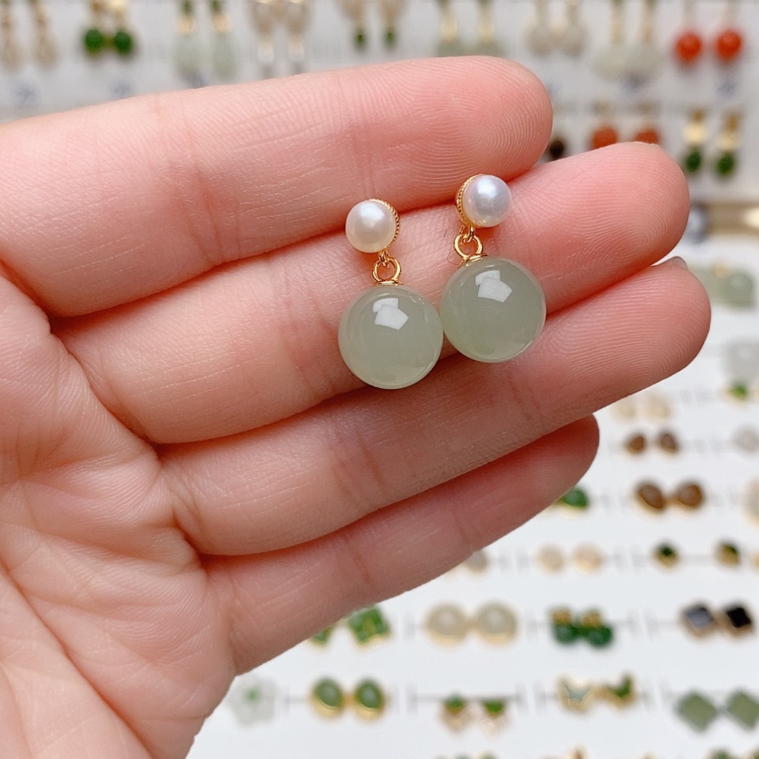 和田玉银S925镶嵌耳饰