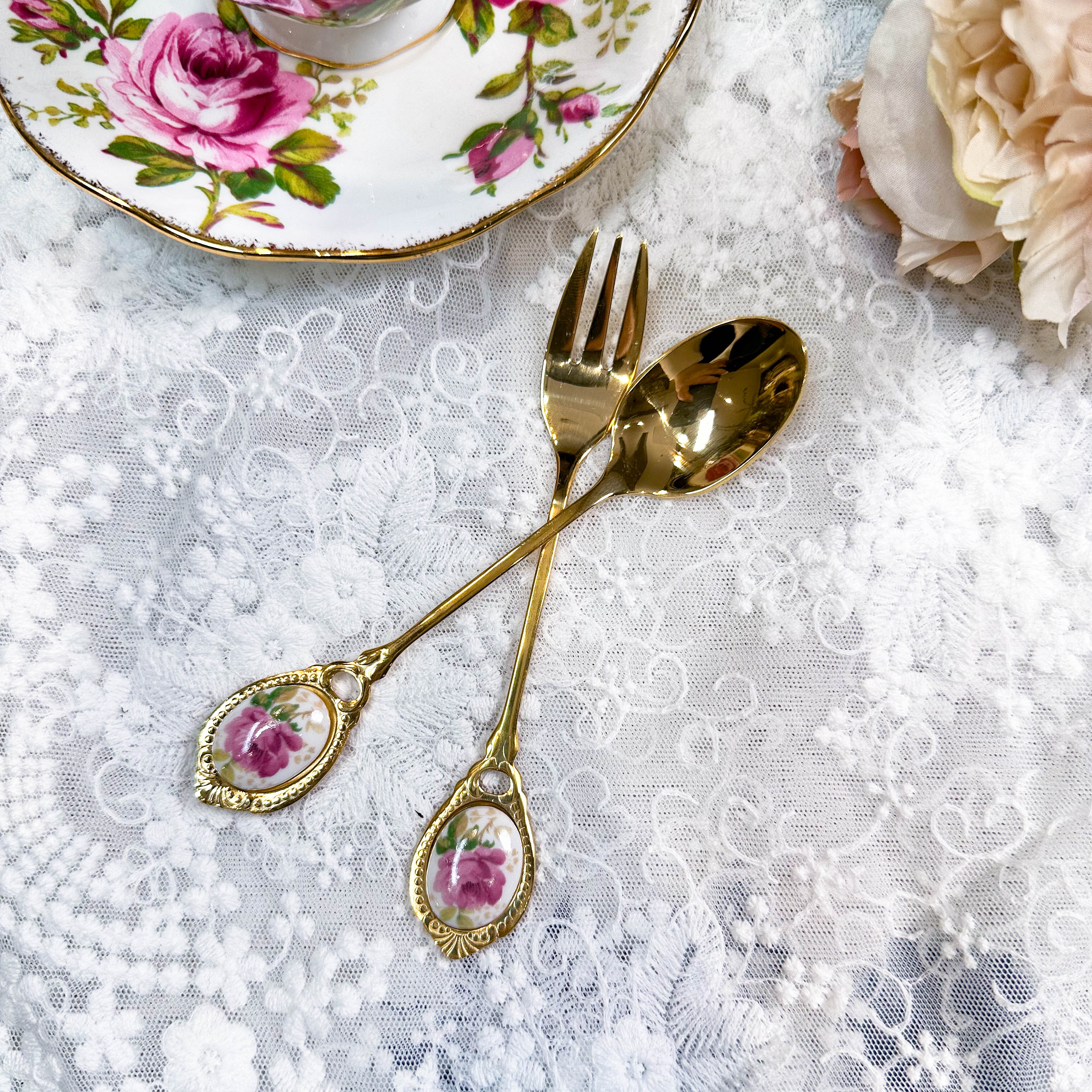 丽人玫瑰同款花色 咖啡勺蛋糕叉复古创意家用长柄休闲精致下午茶 