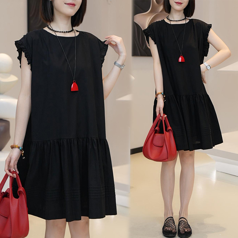 时尚木耳边遮肉显瘦短袖连衣裙2025夏季新款休闲大码宽松气质裙子