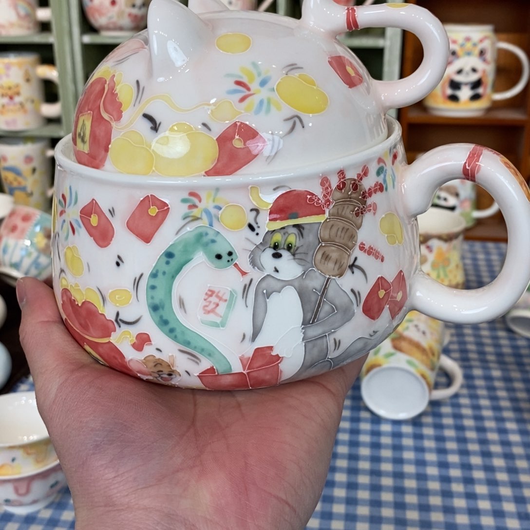 瓷片木*心猫和老鼠泡面碗微瑕