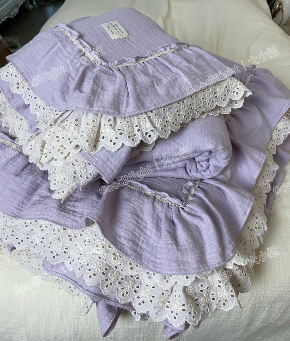 法式多功能款式四件套法式全棉双层纱皱皱纱被子四件套法式双花边