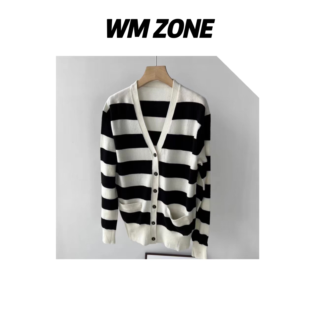 虎儿 3-2652 黑白条纹V领针织开衫