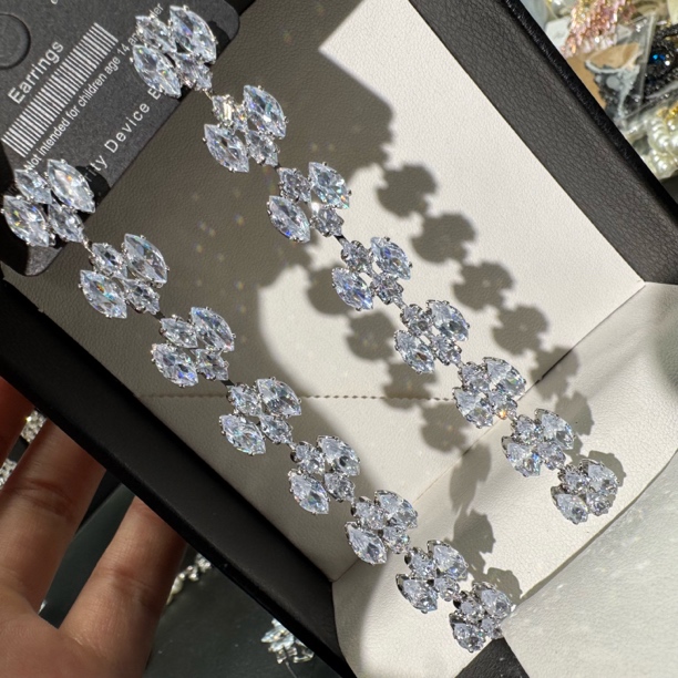 铜合金合成锆石耳饰 几何马眼满钻长款流苏耳环高级感轻奢气质