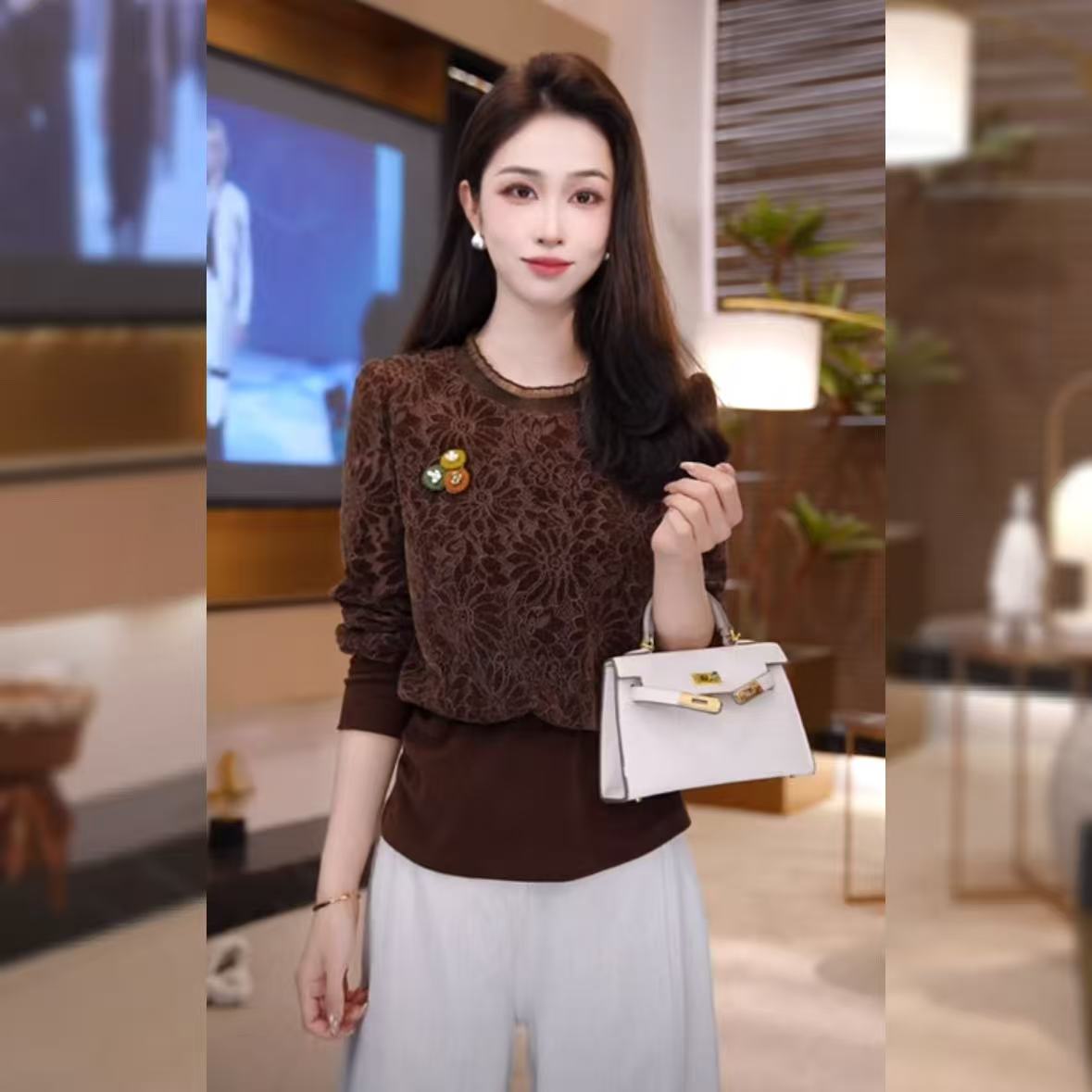 【林雪雪】榛果森林新款法式秋冬氛围感显白咖色钩花针织116500