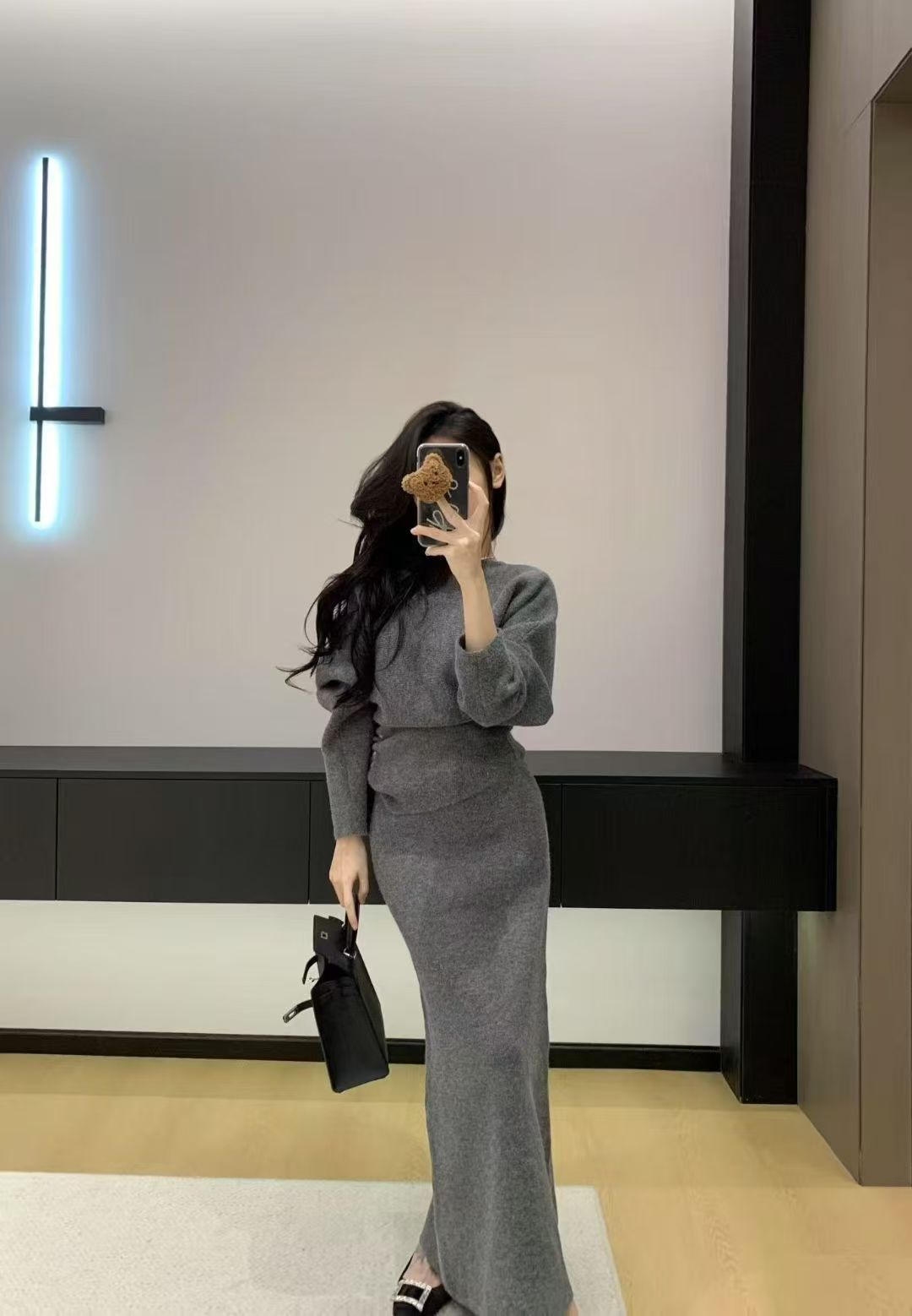 复古慵懒风毛衣三件套女秋冬新款针织开衫吊带背心破洞半身裙套装