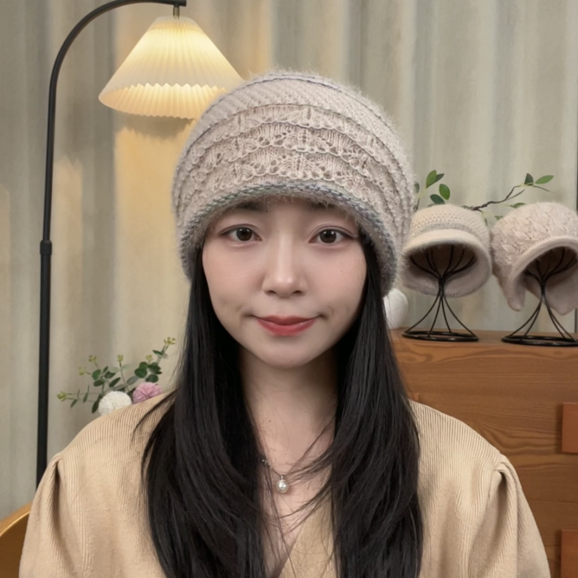 水波纹帽子双层加厚松鼠绒针织毛线帽洋气减龄护耳保暖堆堆帽