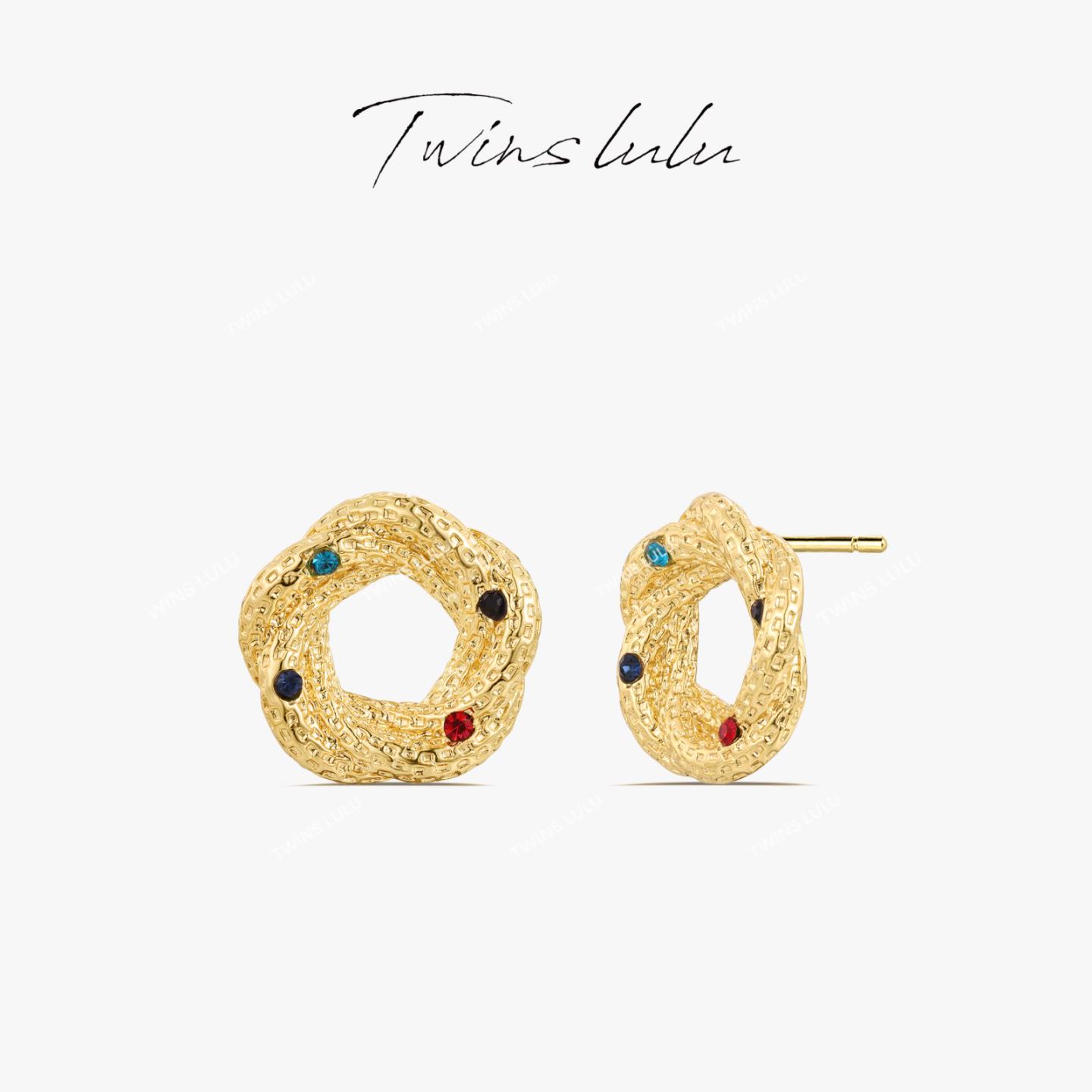 TWINS LULU 镀k金 气质复古浮雕螺旋纹理金色耳环TSL1056