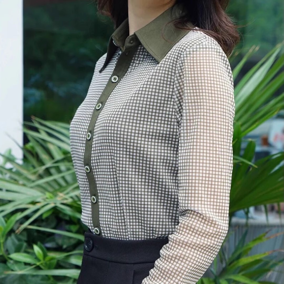 复古吸汗做旧纽扣衬衫轻职风格子百搭上衣显瘦长袖1300915