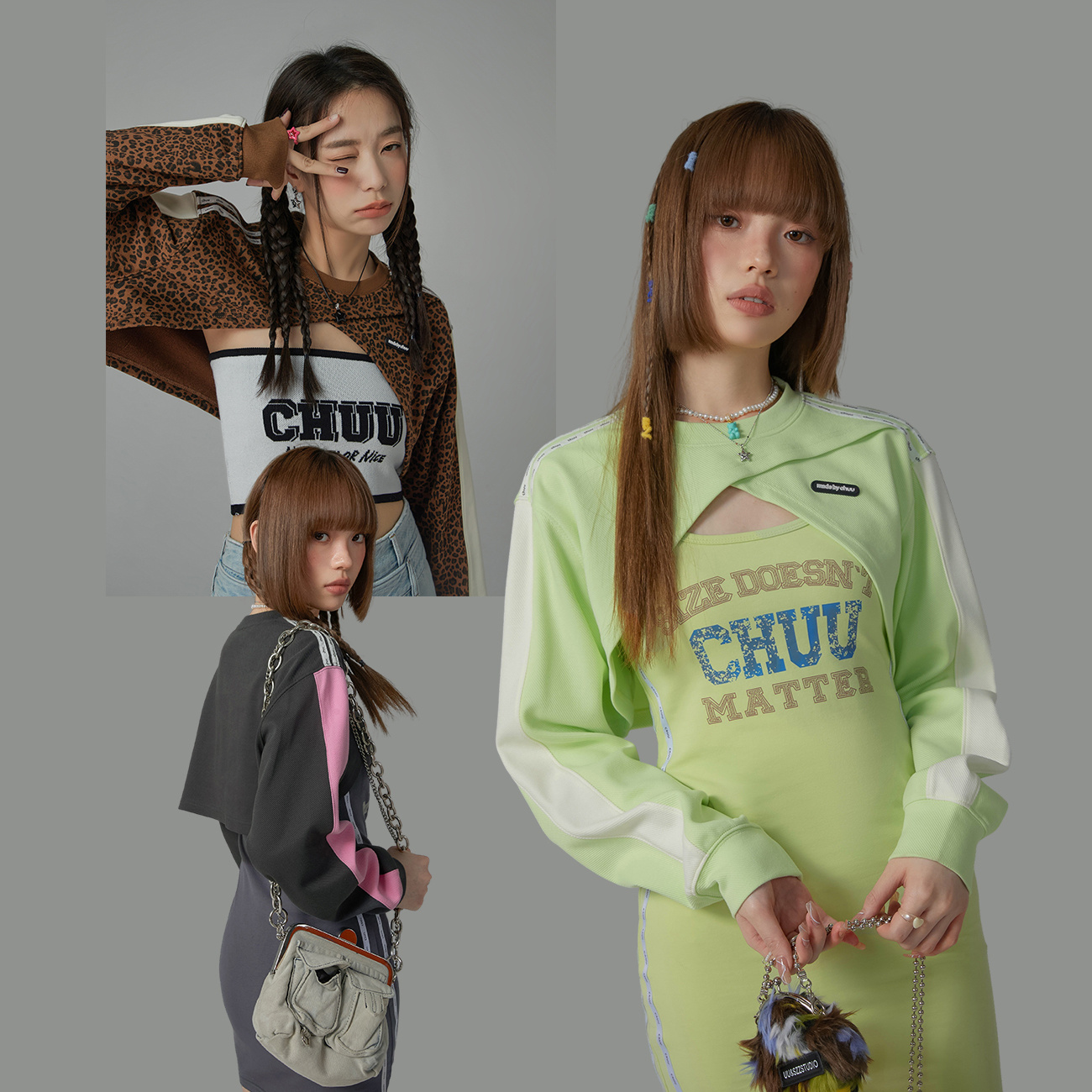 CHUU个性拼色小个子运动长袖上衣辣妹修身显瘦短款卫衣