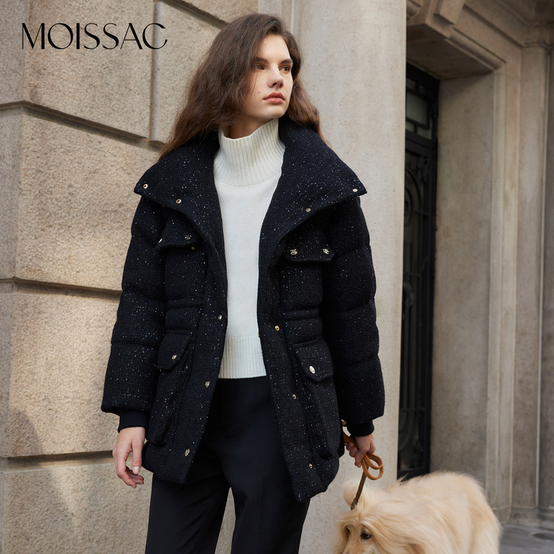 【周周专属】商场同款 摩萨克冬羊毛香风粗花呢大翻领羽绒服0204