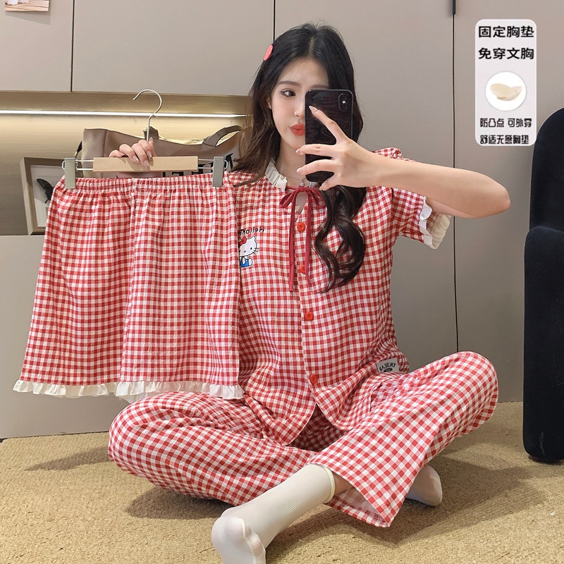 夏季透气卡通短袖睡衣女带胸垫宽松可外穿家居服