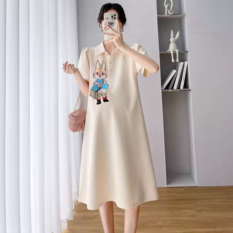 孕妇夏季短袖翻领气质刺绣减龄宽松连衣裙