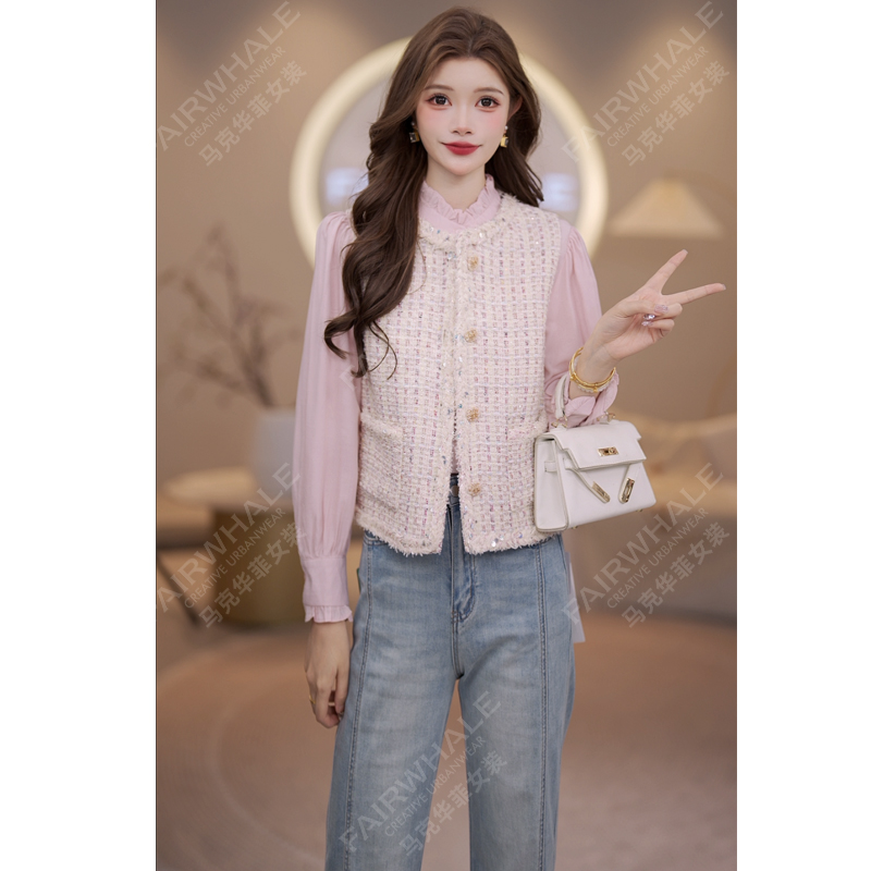 马克华菲女装秋季法式编织小香风直筒型马夹马甲时尚设计感气质 Z