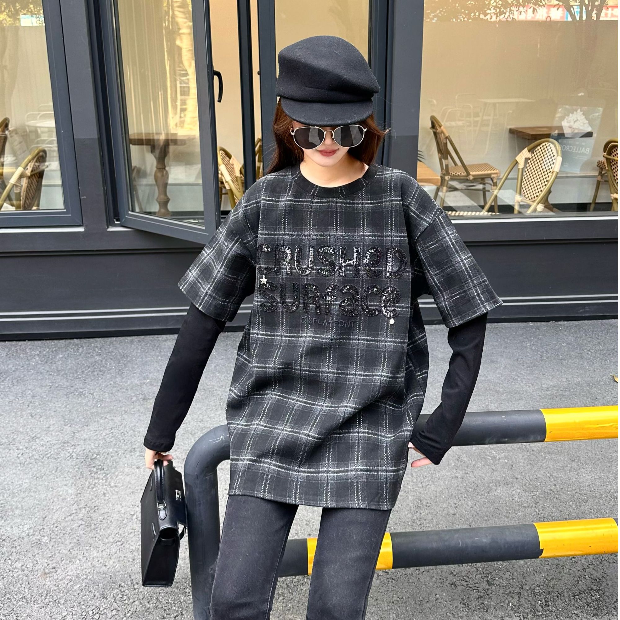 Merasoul加厚圆领上衣欧货宽松中长款重工字母格子假两件T恤女