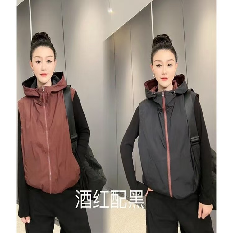 通勤风拉链常规款厚款女连帽马夹带帽情侣夹棉马甲两面穿