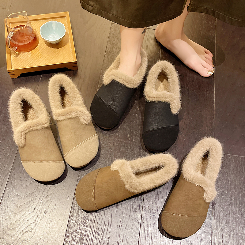 毛毛鞋女秋冬新款外穿一脚蹬女棉鞋复古软底防滑加绒保暖女豆豆鞋