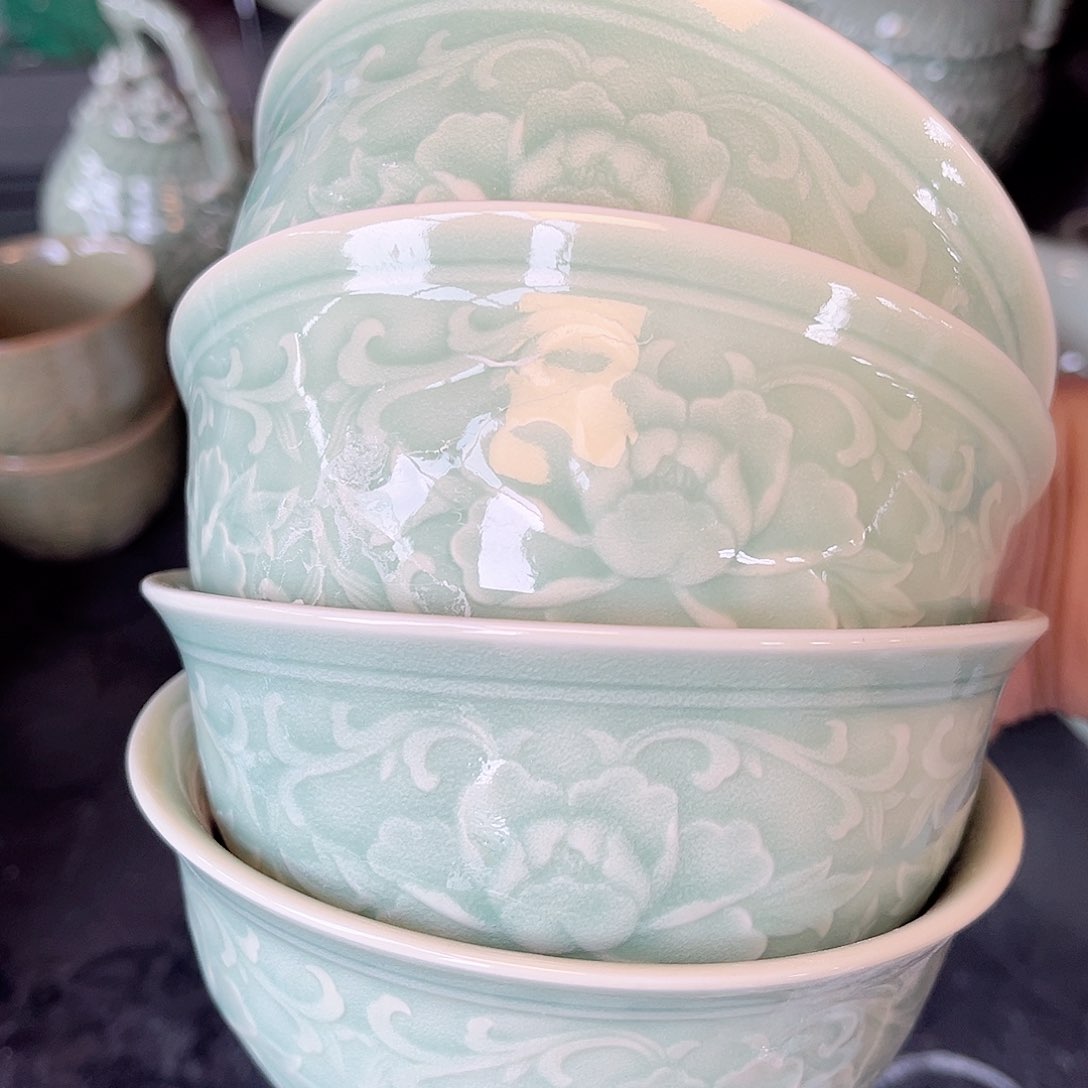 瓷微瑕 4.7 英寸浮雕米饭碗 4 只