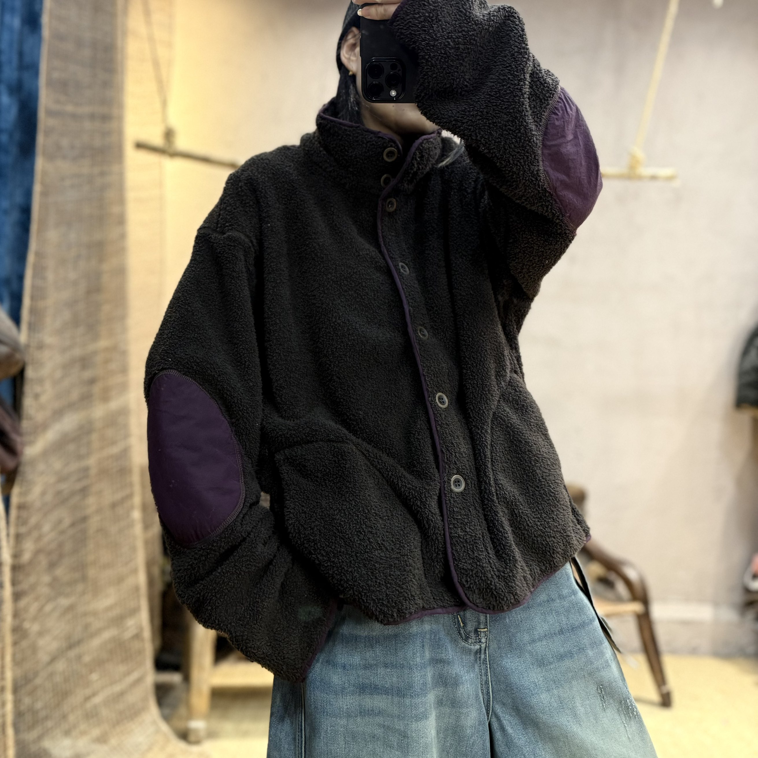 25717A忆古朴拙冬季撞色拼接颗粒绒保暖外套加厚毛绒宽松休闲上衣