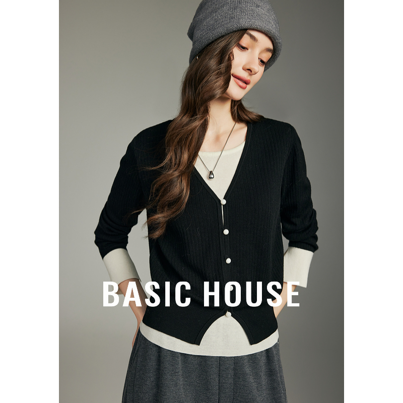 Basic House/百家好老钱风假两件撞色羊毛衫新款上衣B1195B5X672