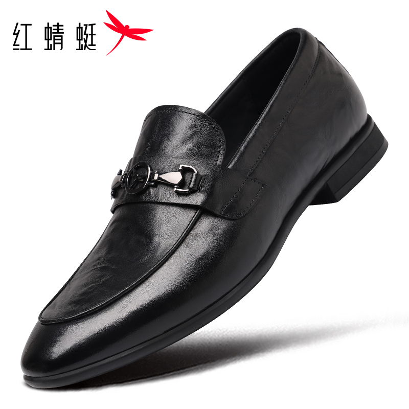 红蜻蜓乐福鞋厚底百搭尖头休闲皮鞋一脚蹬商务真皮豆豆鞋男士牛皮