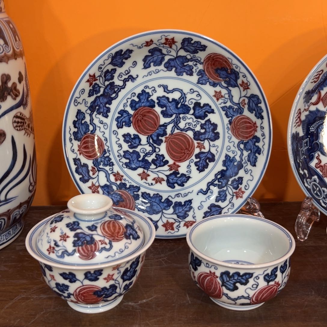 青花釉里红西瓜三件套