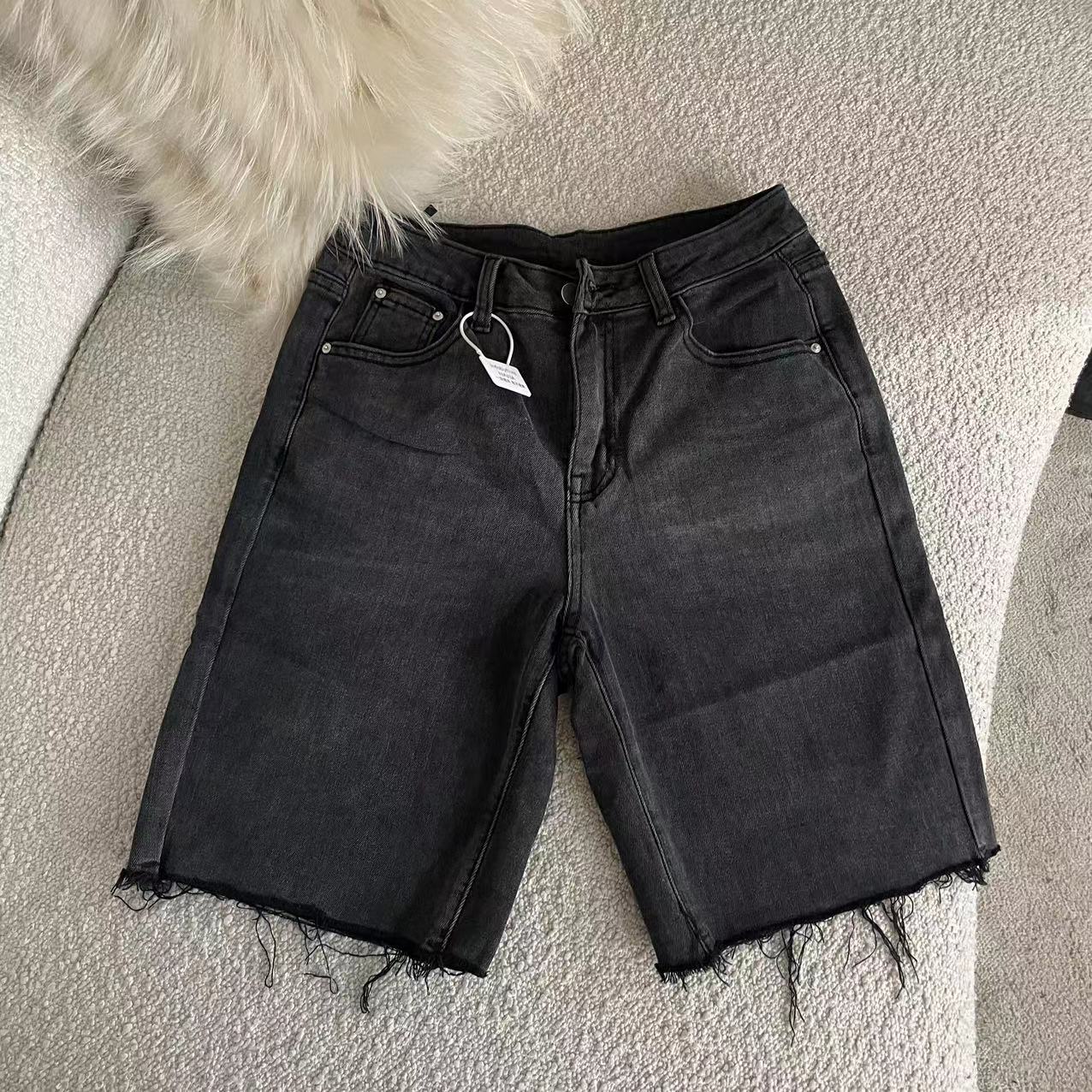 infobyfive福利春季新黑色直筒微弹骑行裤牛仔裤短裤中裤2DD1602