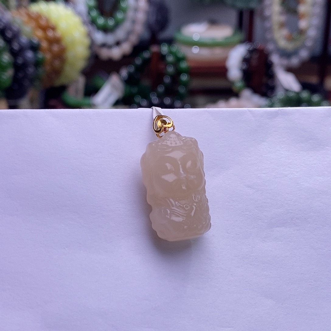 和田玉未镶嵌收藏级藕粉羊脂级老矿金镶绿度母吊坠