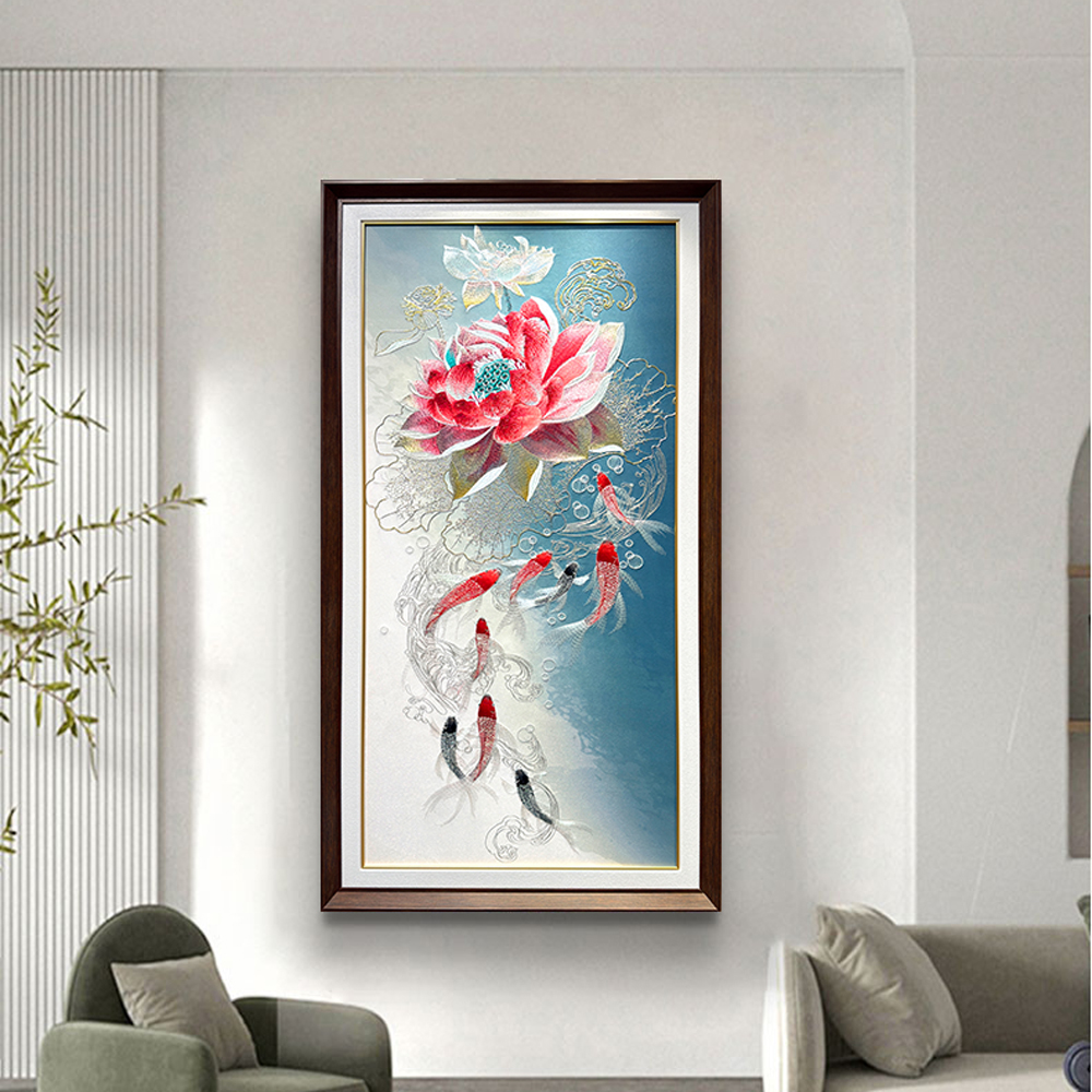 刺绣高定《九鱼海棠》中式玄关装饰画背景墙挂画80160