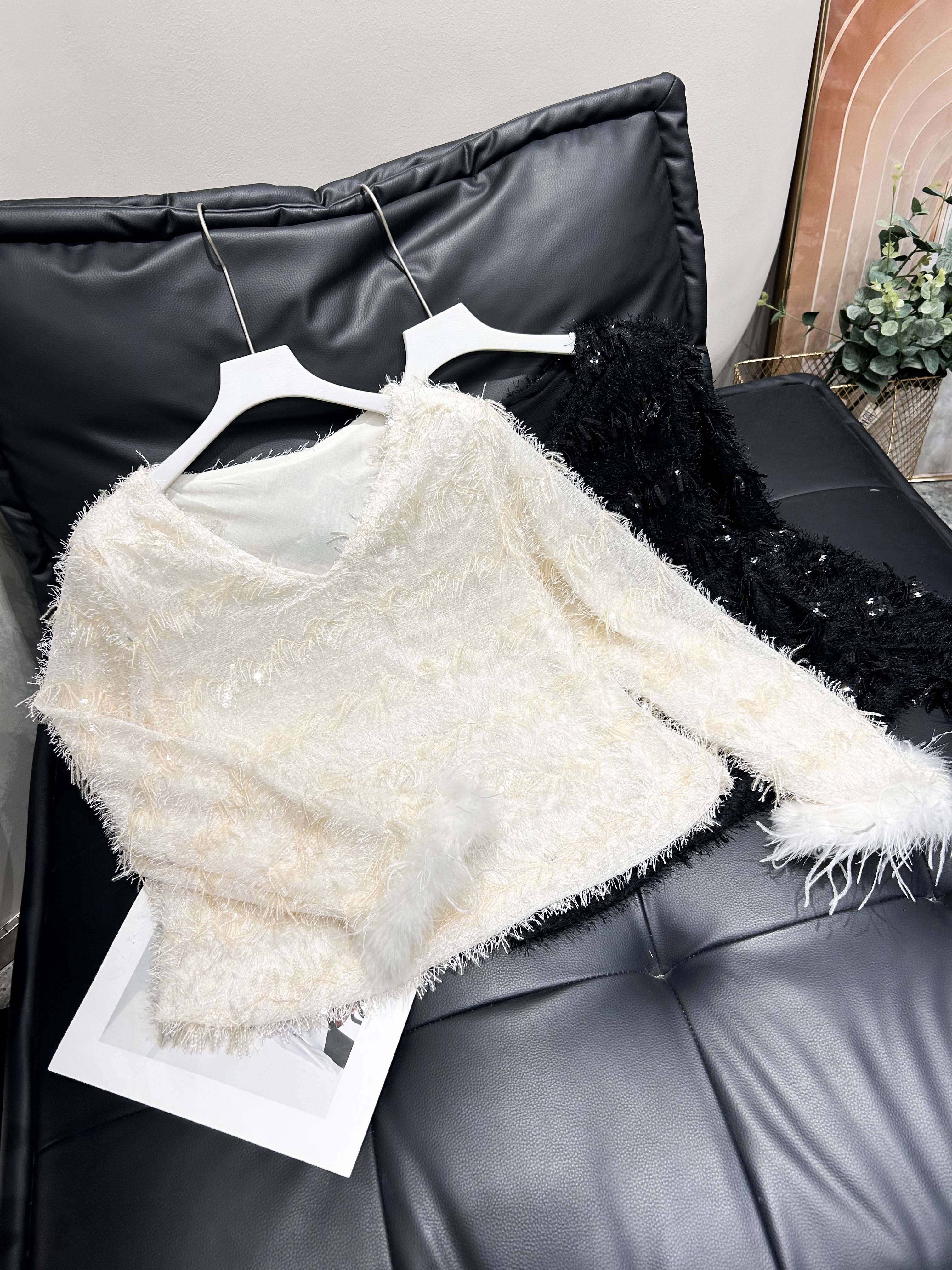 6507-长袖V领亮片短款法式流苏蕾丝衫百搭气质显瘦小香风重工