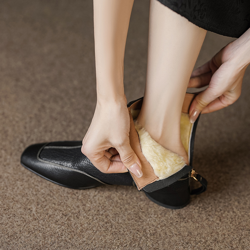 3cm/羊皮/真毛加厚真皮短靴女2024冬季新款高级感方头后拉链中跟