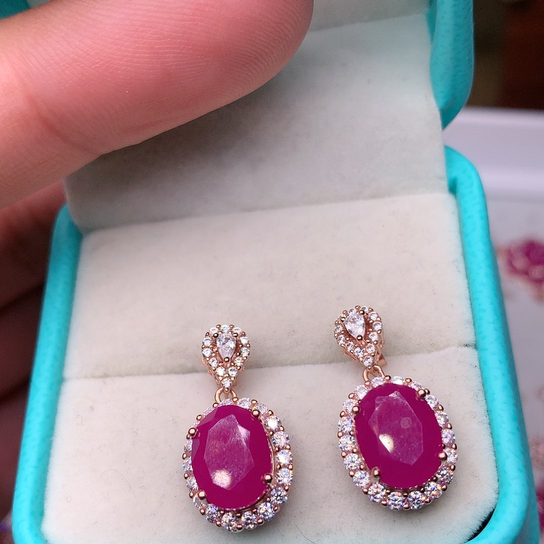 红宝石耳饰银S925镶嵌