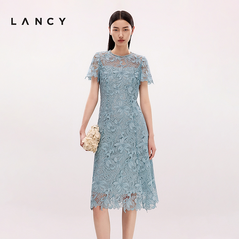LANCY/朗姿2025夏季新款气质蕾丝法式收腰显瘦A字连衣裙WOP048