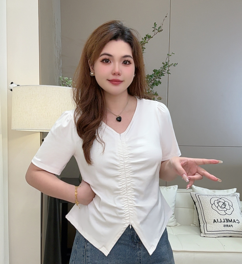 2025夏季新款胖mm大码女装韩系V领可拉链设计遮肉百搭上衣