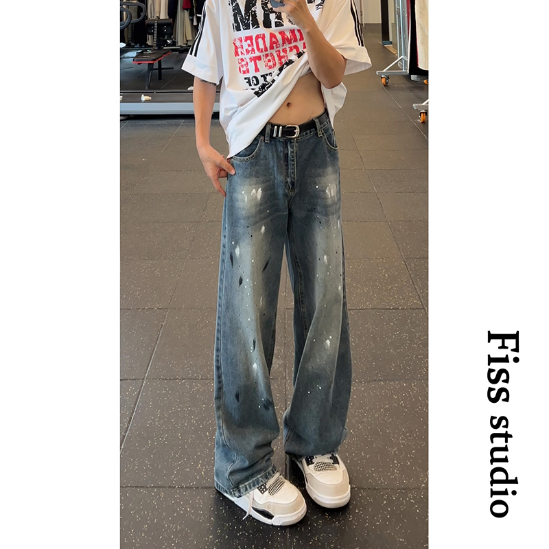 美式高街泼墨做旧牛仔裤男秋季新款宽松直筒潮牌复古水洗阔腿长裤