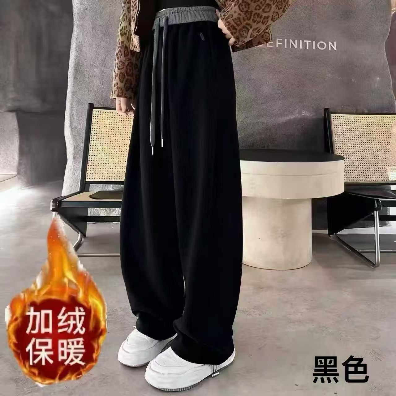 2561新款时尚松紧腰抽绳拼色腰部宽松休闲加绒卫裤