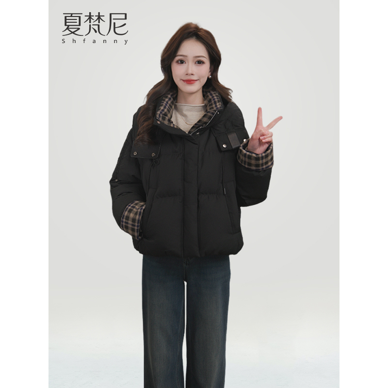 夏梵尼暖冬恋歌2025年冬季新款韩版宽松可拆卸帽拼色羽绒服外套