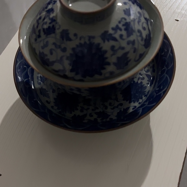 陶摆件老陶泥青花缠枝连高足盖碗