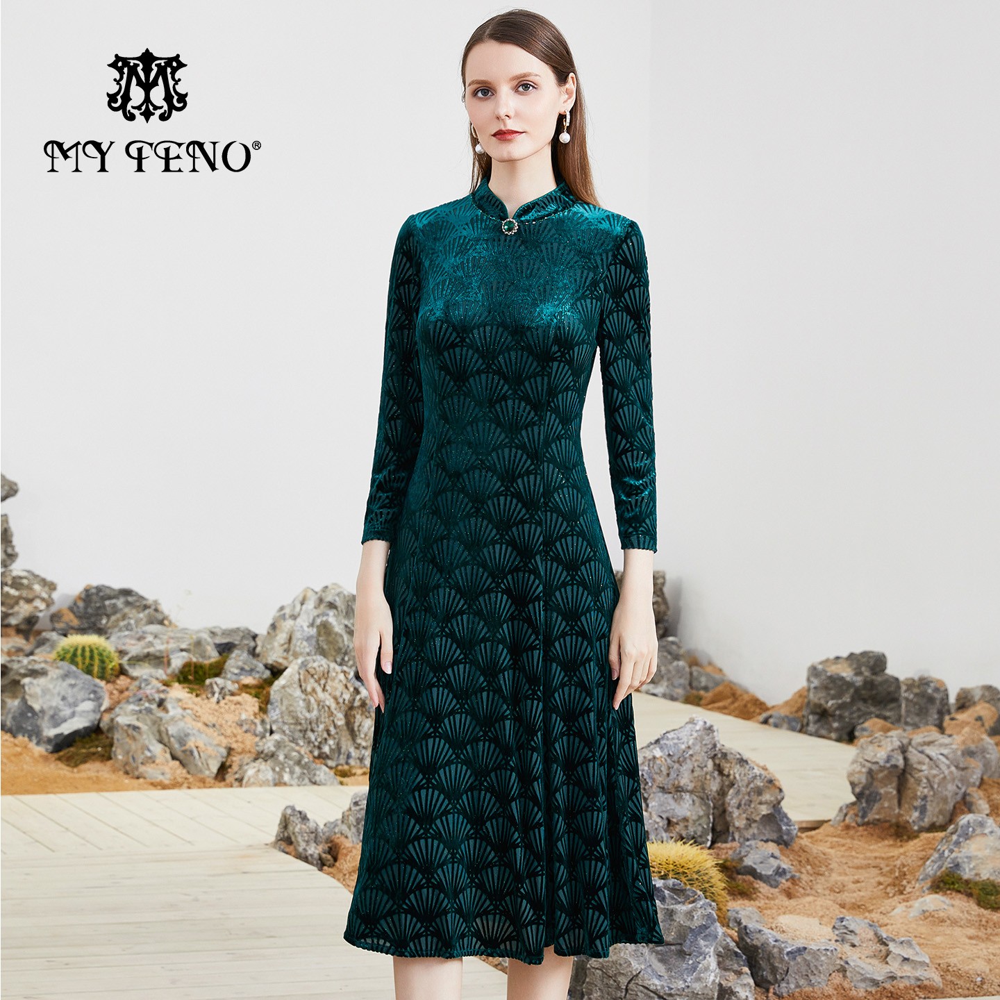 【粉丝专属】马天奴丝绒印花旗袍立领连衣裙VHA984DRX0