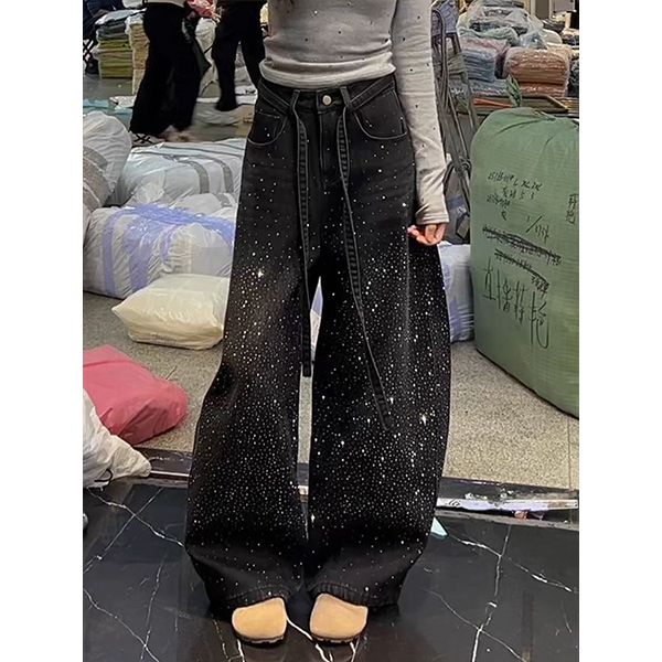 美式复古重工满天星亮钻拼接牛仔裤子女加绒设计感小众显瘦拖地裤