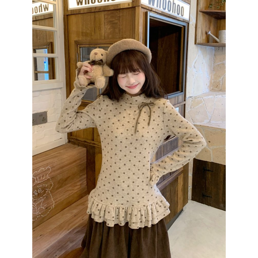 韩系复古波点蝴蝶结花边下摆长袖T恤女秋冬新款修身洋气显瘦上衣